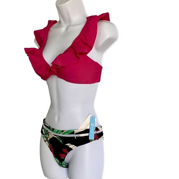 Cupshe 2 Piece Swimsuit Bikini Pink Ruffle Top Floral Bottom Women's Small NEW - Picture 4 of 9